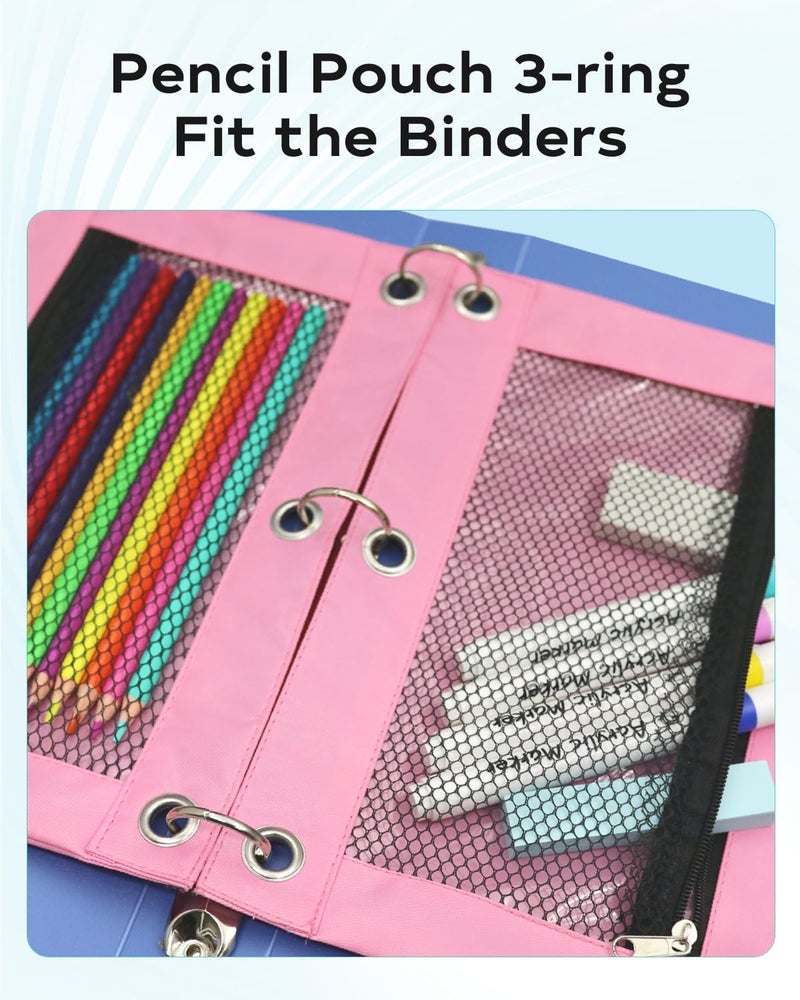 ASBEFORE Pink Pencil Pouch for 3 Ring Binder - Zipper Pencil Case Bag Holder Bulk Accessories, Small Clear Window Aesthetic Organizer Pockets 3 Hole School Essentials - Image 4